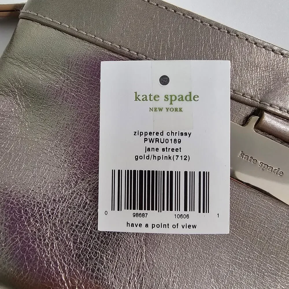 Kate Spade Zippered Christy Jane Street Gold Leather Hot Pink Wristlet Pouch